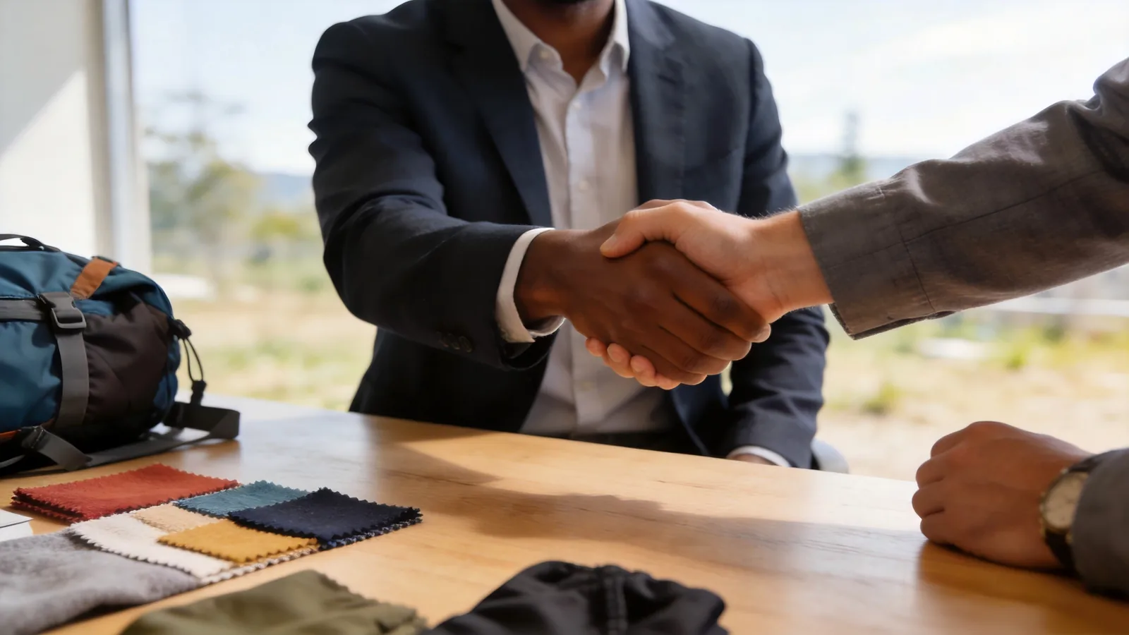 Business handshake with fabric swatches and backpack