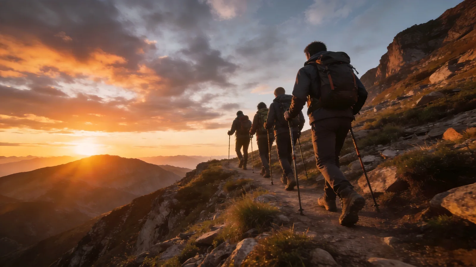 Hikers on mountain trail at sunset